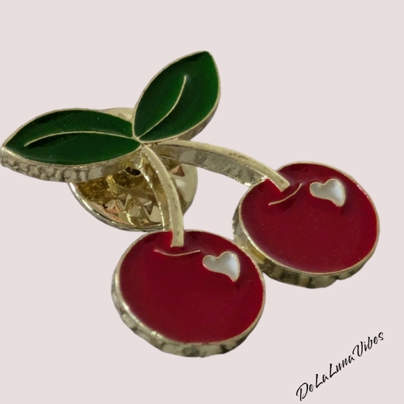 3/$12 NEW Sweetheart Cherry Enamel Pin. Red with Hearts. - Picture 2 of 4